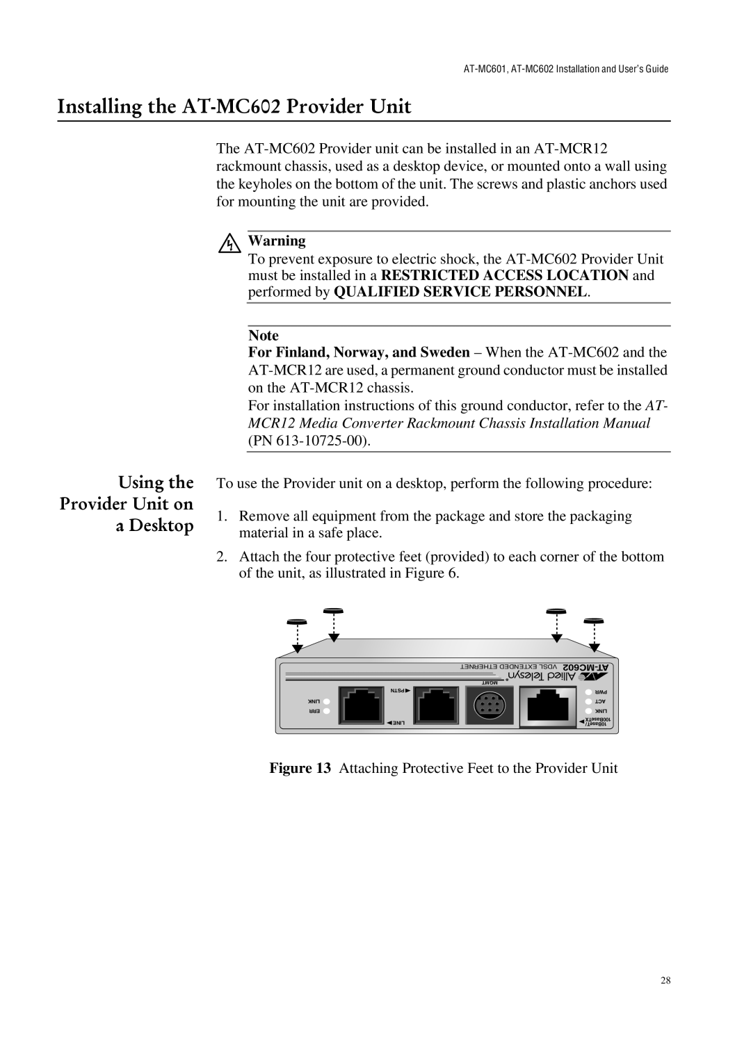 Allied Telesis AT-MC601 manual Installing the AT-MC602 Provider Unit, Using the Provider Unit on a Desktop 