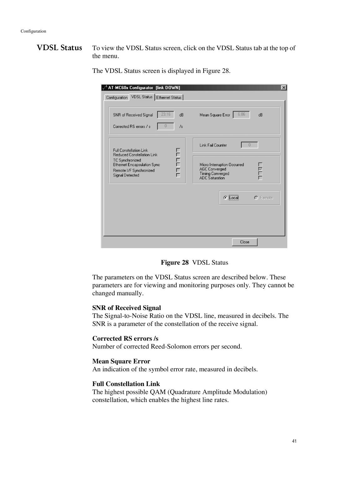 Allied Telesis AT-MC601 manual SNR of Received Signal, Corrected RS errors /s, Mean Square Error, Full Constellation Link 