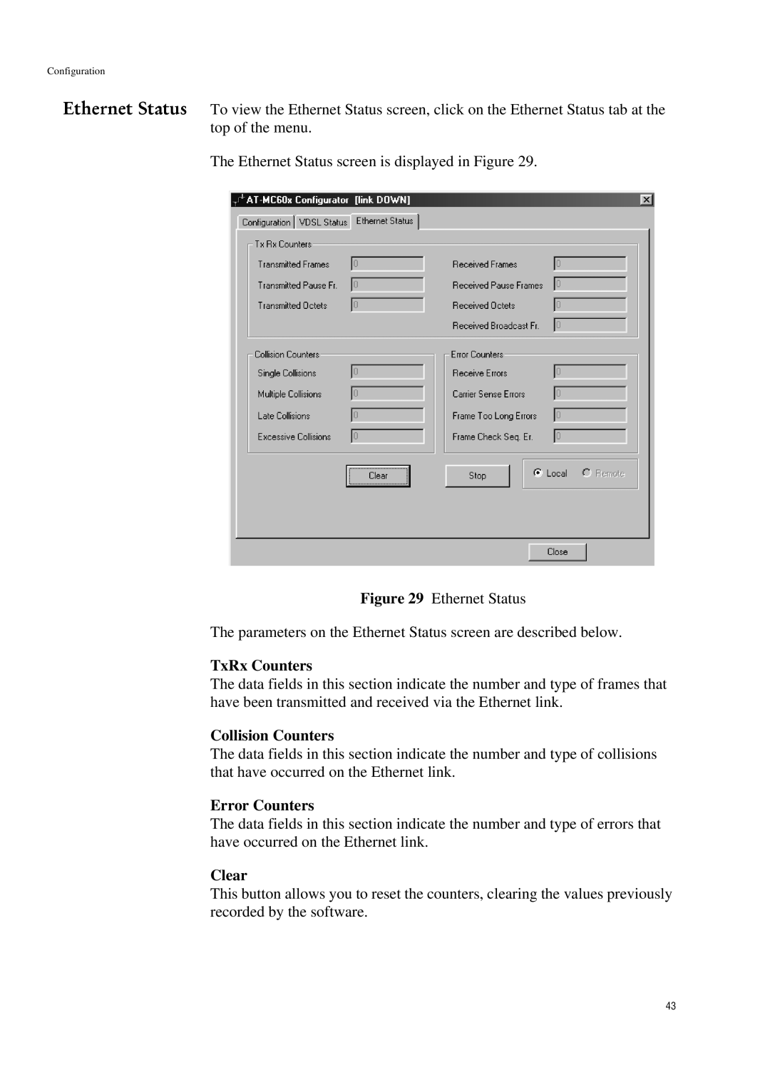 Allied Telesis AT-MC601 manual TxRx Counters, Collision Counters, Error Counters, Clear 