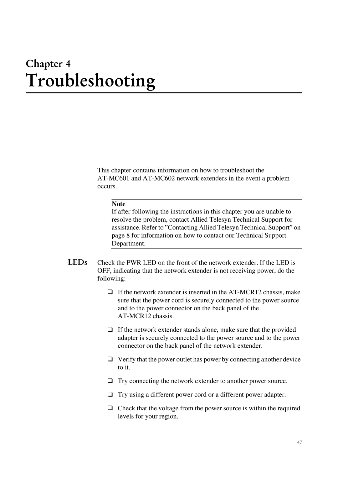 Allied Telesis AT-MC601 manual Troubleshooting 