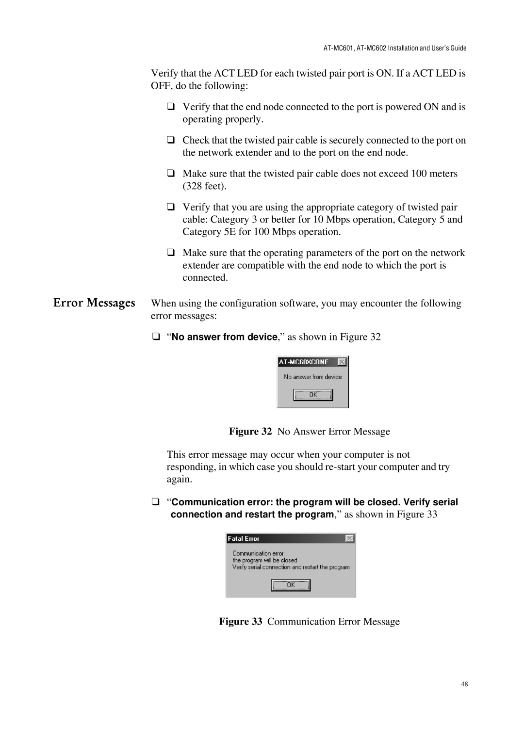 Allied Telesis AT-MC601 manual Communication Error Message 