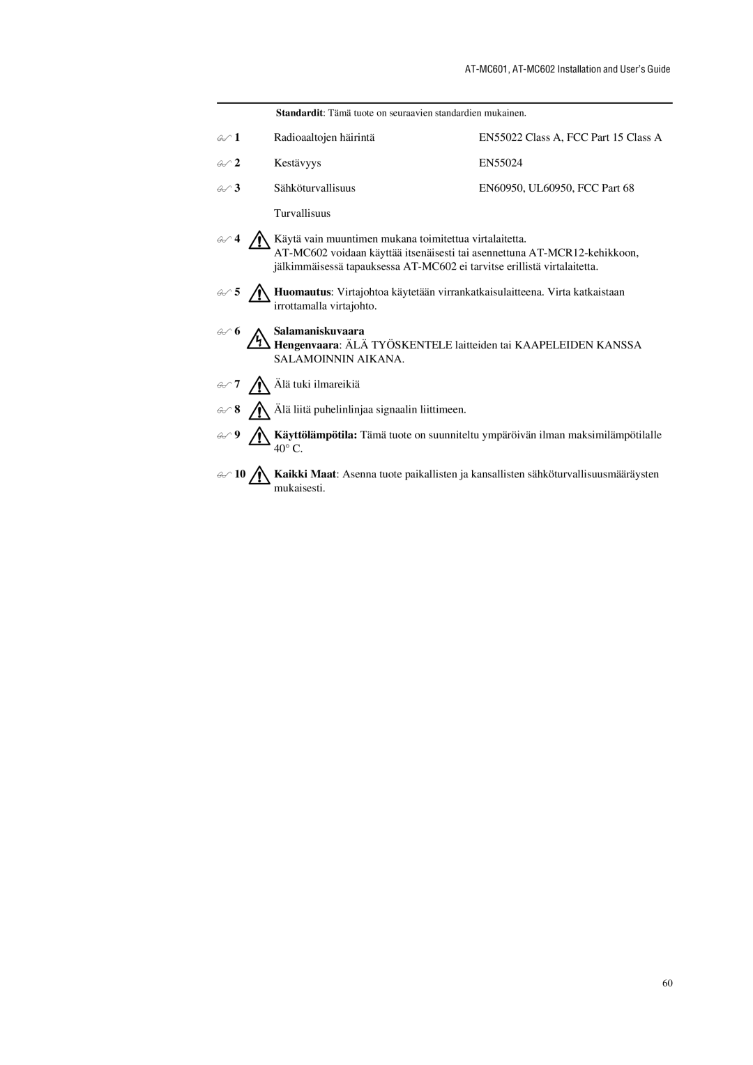 Allied Telesis AT-MC601 manual Salamaniskuvaara, 40 C 