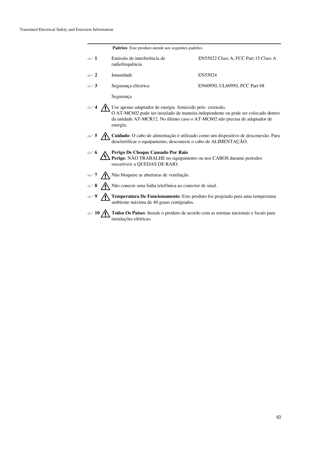 Allied Telesis AT-MC601 manual Perigo De Choque Causado Por Raio, Ambiente máxima de 40 graus centígrados 