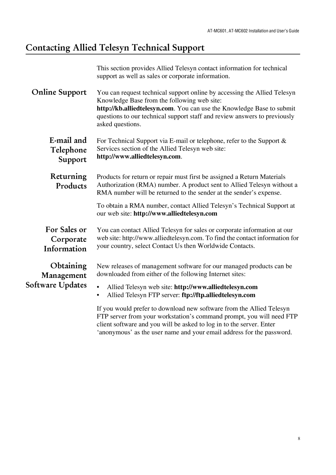 Allied Telesis AT-MC601 manual Contacting Allied Telesyn Technical Support 