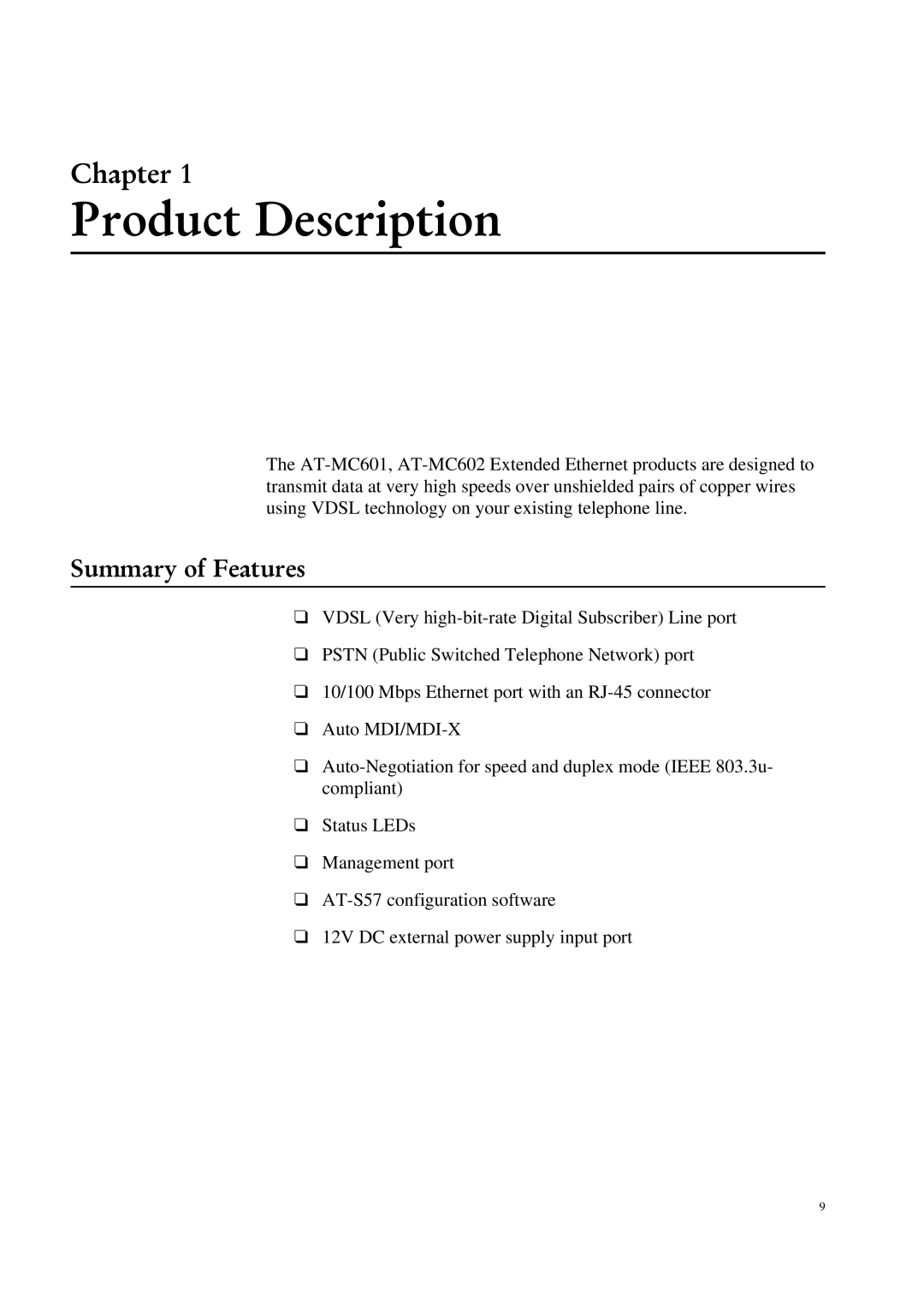 Allied Telesis AT-MC601 manual Product Description, Summary of Features 