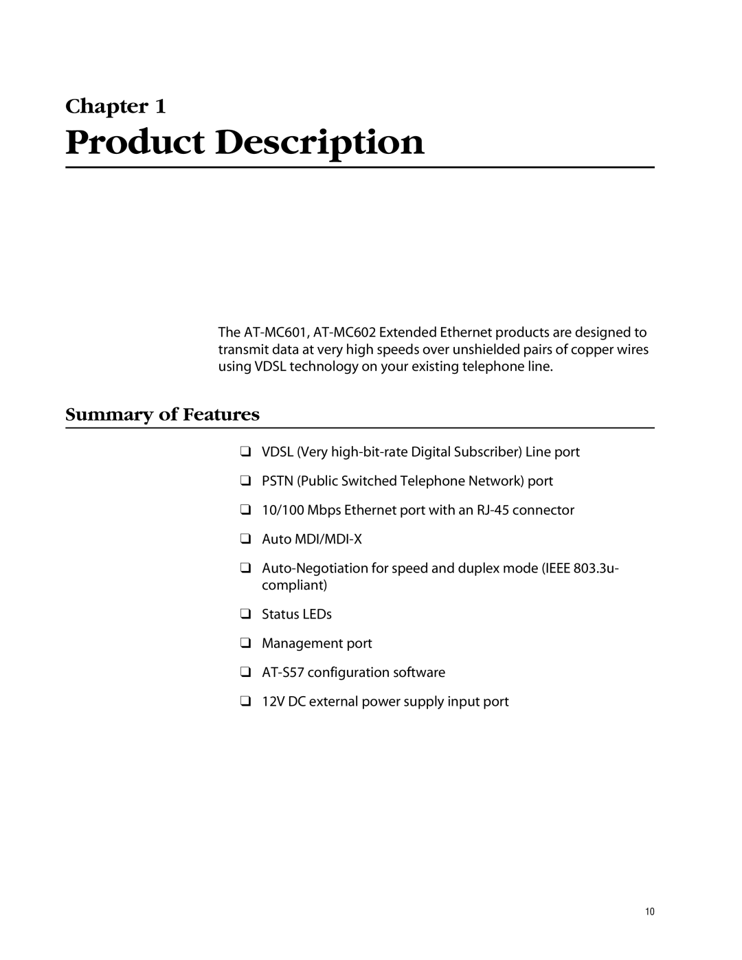 Allied Telesis AT-MC602 manual Product Description, Summary of Features 