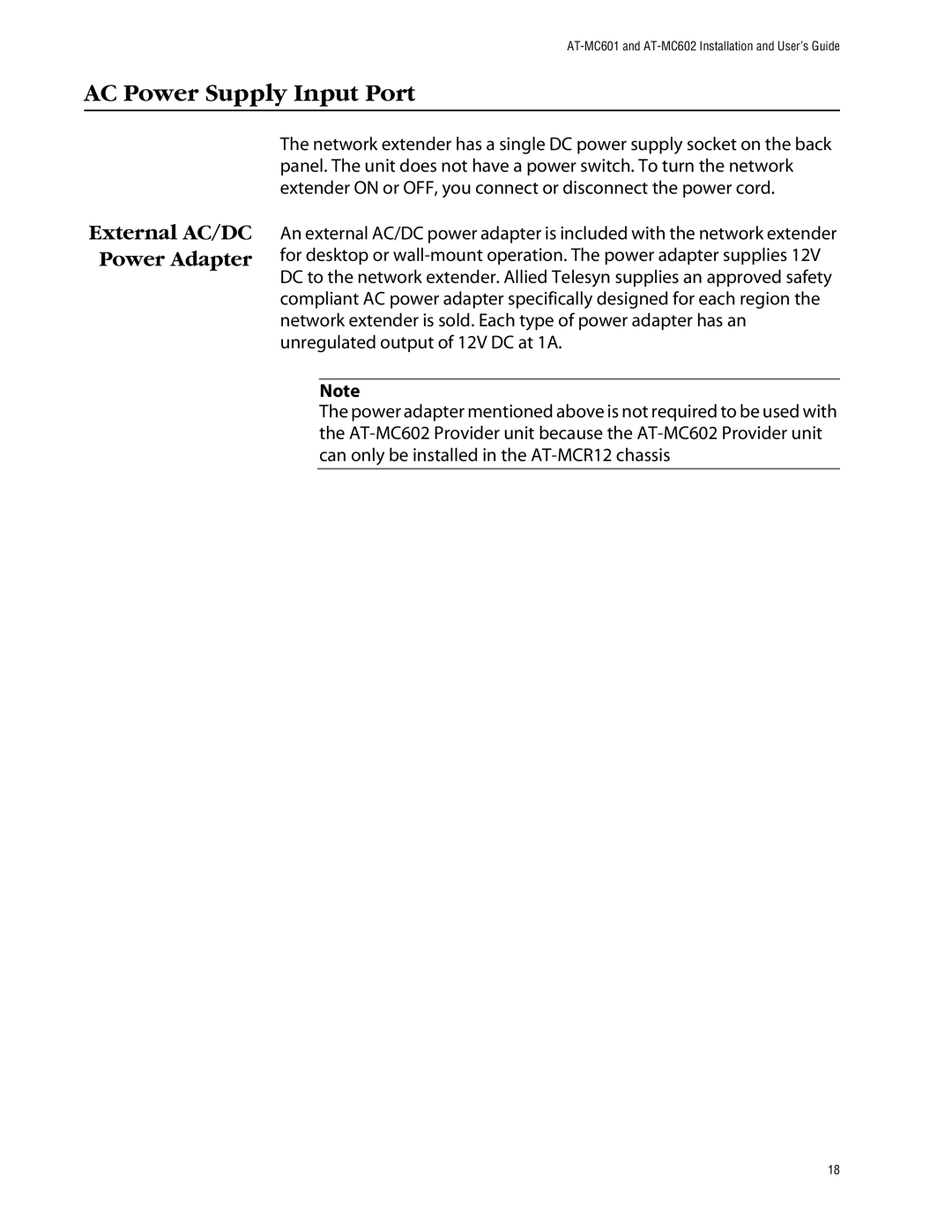 Allied Telesis AT-MC602 manual AC Power Supply Input Port, External AC/DC Power Adapter 