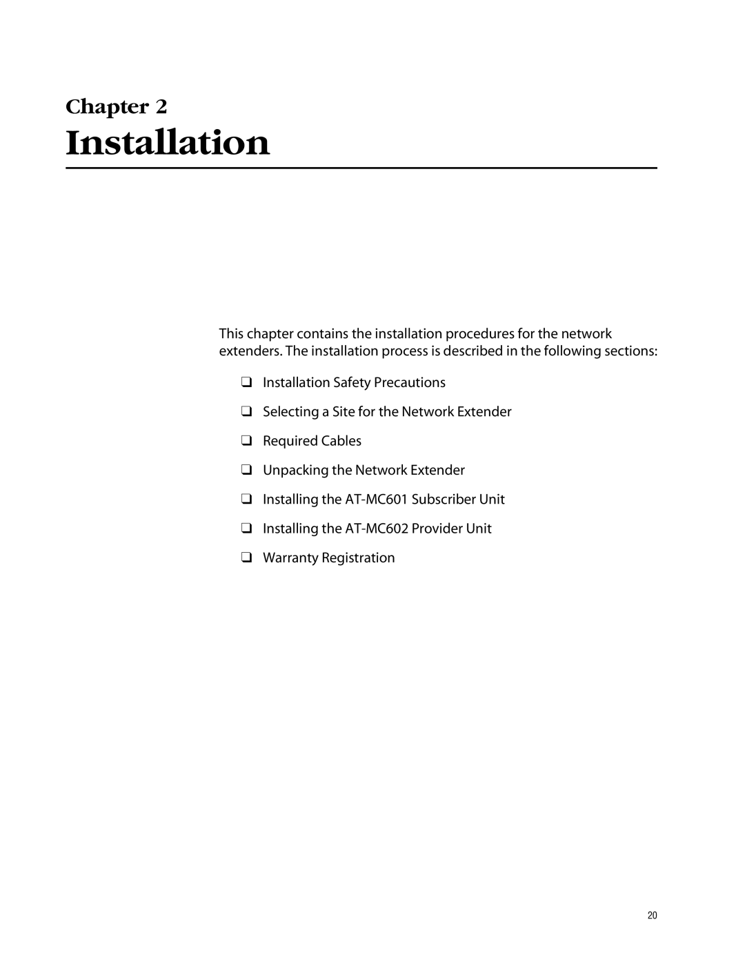 Allied Telesis AT-MC602 manual Installation 