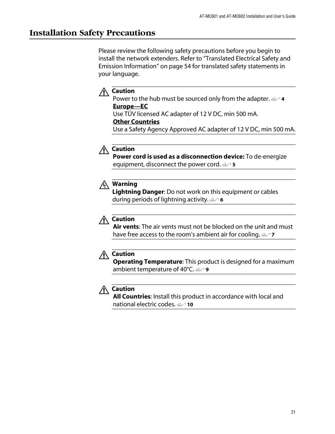 Allied Telesis AT-MC602 manual Installation Safety Precautions, Europe-EC, Other Countries 