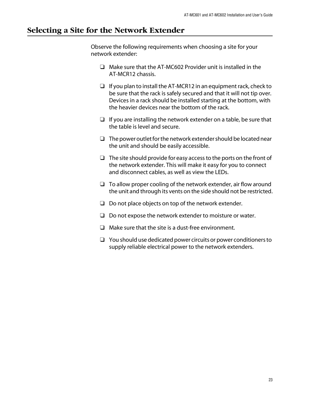 Allied Telesis AT-MC602 manual Selecting a Site for the Network Extender 