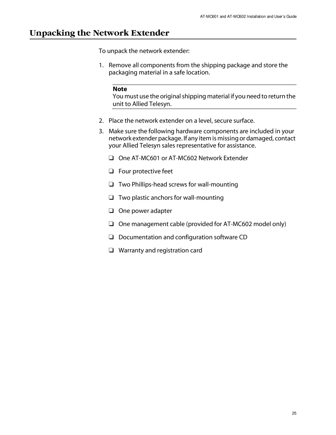 Allied Telesis AT-MC602 manual Unpacking the Network Extender 