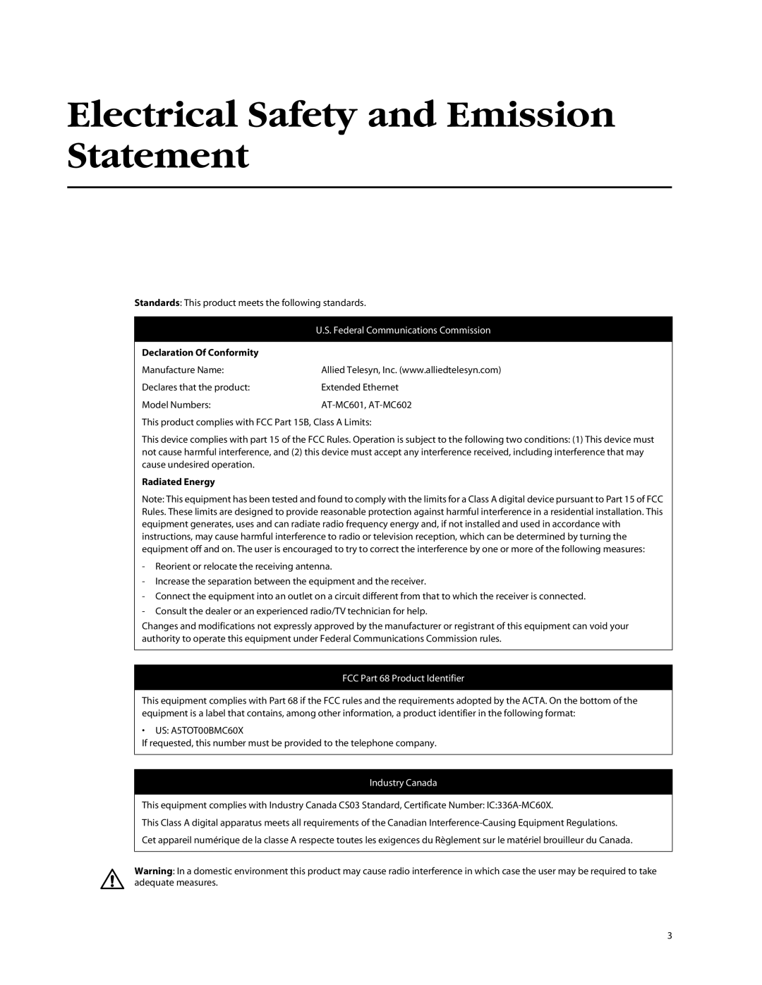 Allied Telesis AT-MC602 manual Electrical Safety and Emission Statement, Declaration Of Conformity 