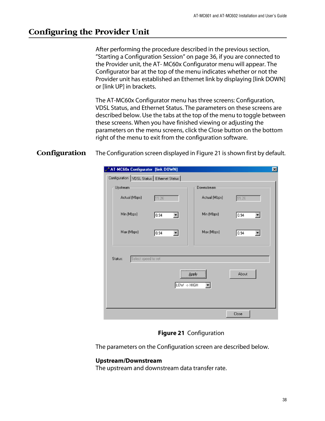 Allied Telesis AT-MC602 manual Configuring the Provider Unit, Upstream/Downstream 