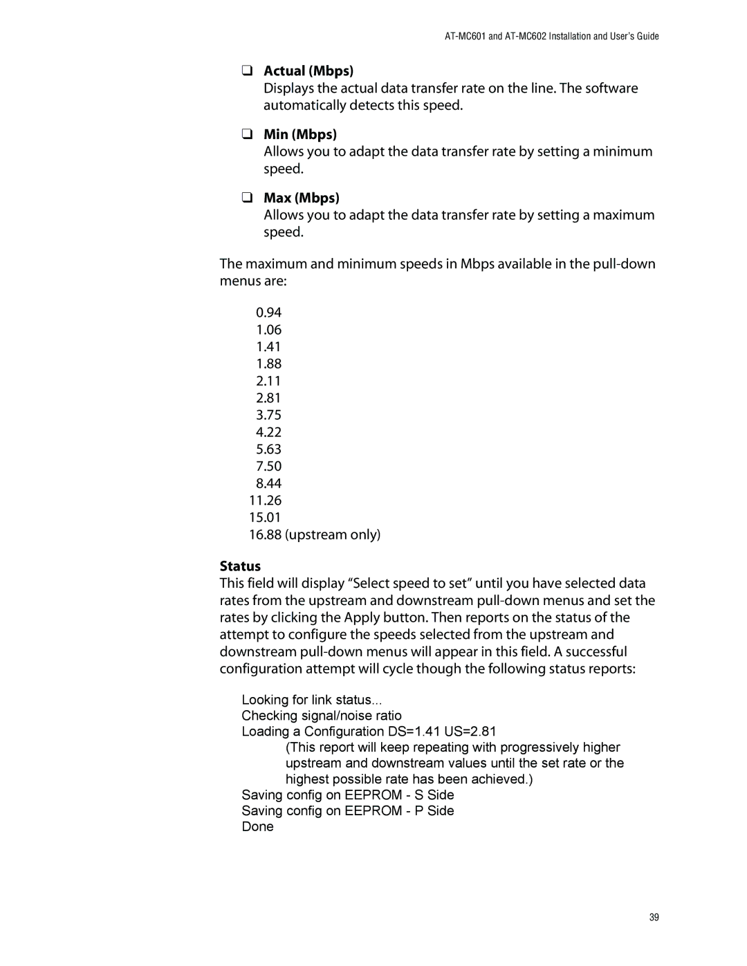 Allied Telesis AT-MC602 manual Actual Mbps, Min Mbps, Max Mbps, Status 