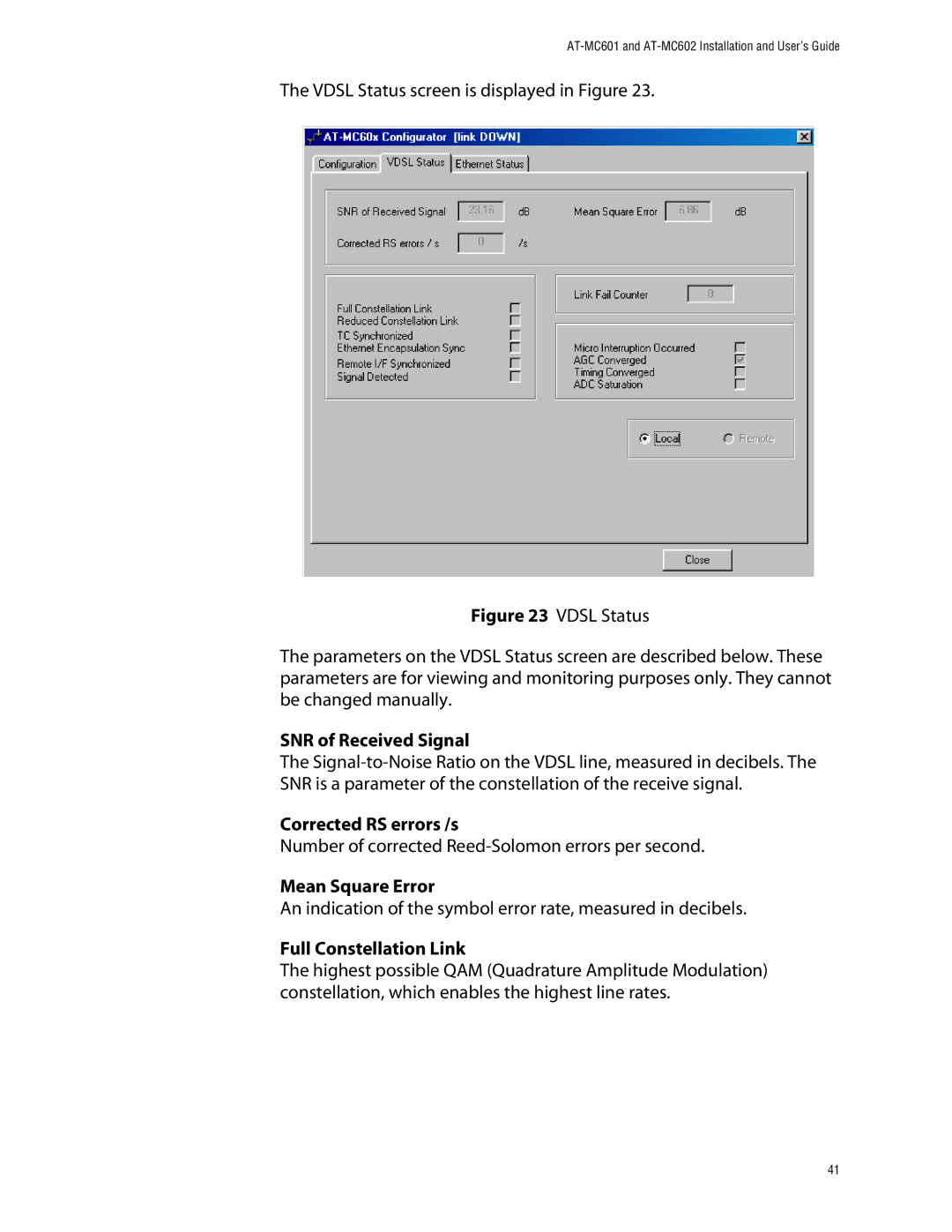 Allied Telesis AT-MC602 manual SNR of Received Signal, Corrected RS errors /s, Mean Square Error, Full Constellation Link 