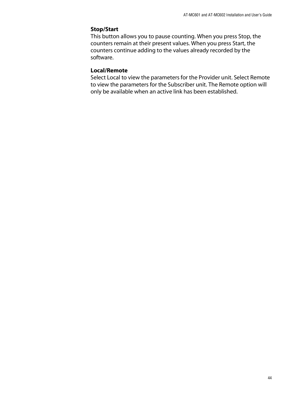 Allied Telesis AT-MC602 manual Stop/Start 