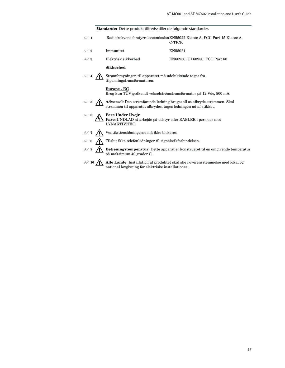 Allied Telesis AT-MC602 manual Sikkerhed, Europe EC,  6 Fare Under Uvejr 