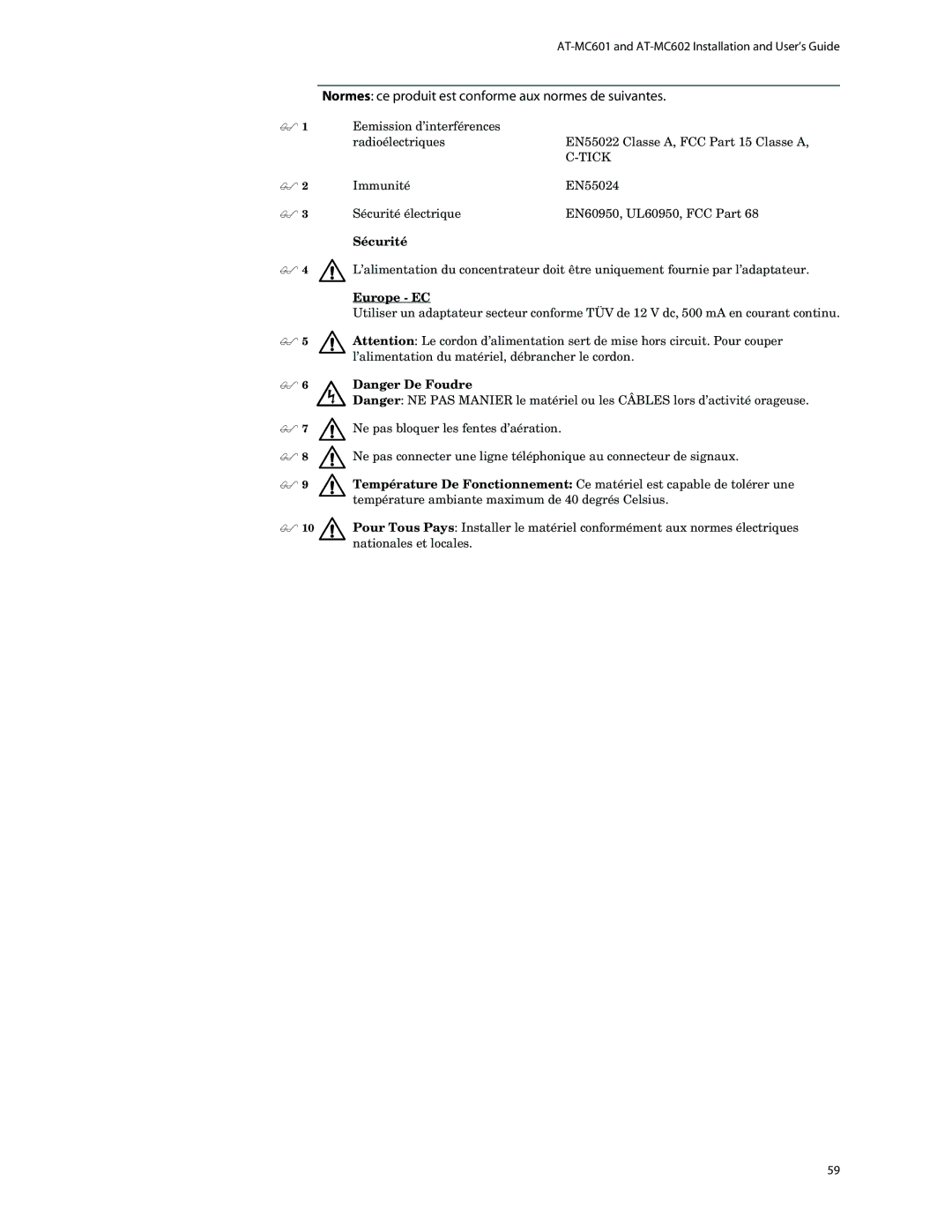 Allied Telesis AT-MC602 manual Sécurité,  6 Danger De Foudre 