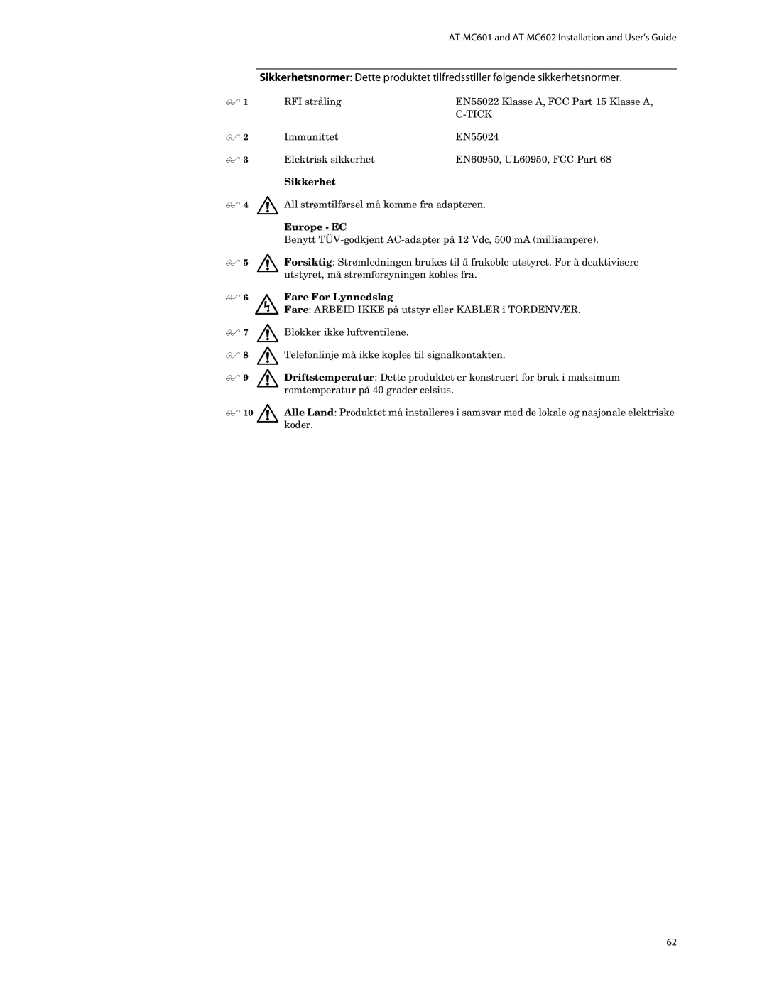 Allied Telesis AT-MC602 manual Sikkerhet,  6 Fare For Lynnedslag 