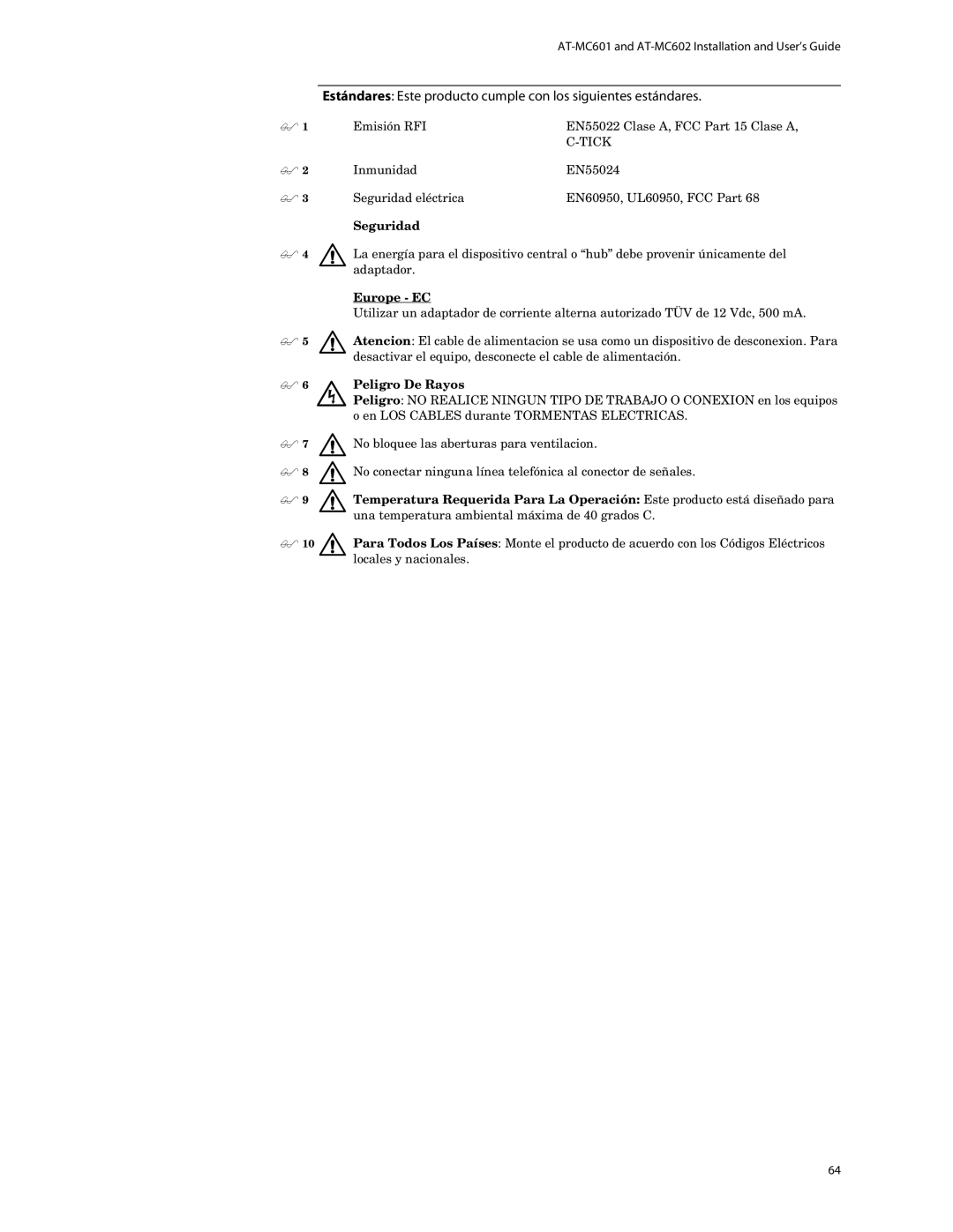 Allied Telesis AT-MC602 manual Seguridad,  6 Peligro De Rayos 