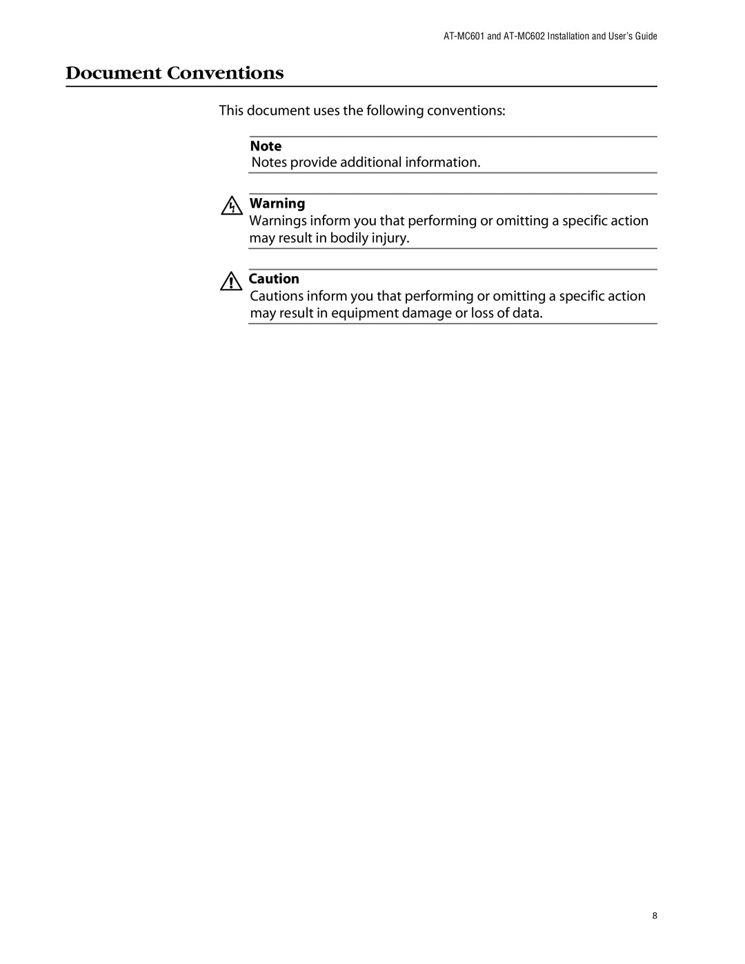 Allied Telesis AT-MC602 manual Document Conventions 