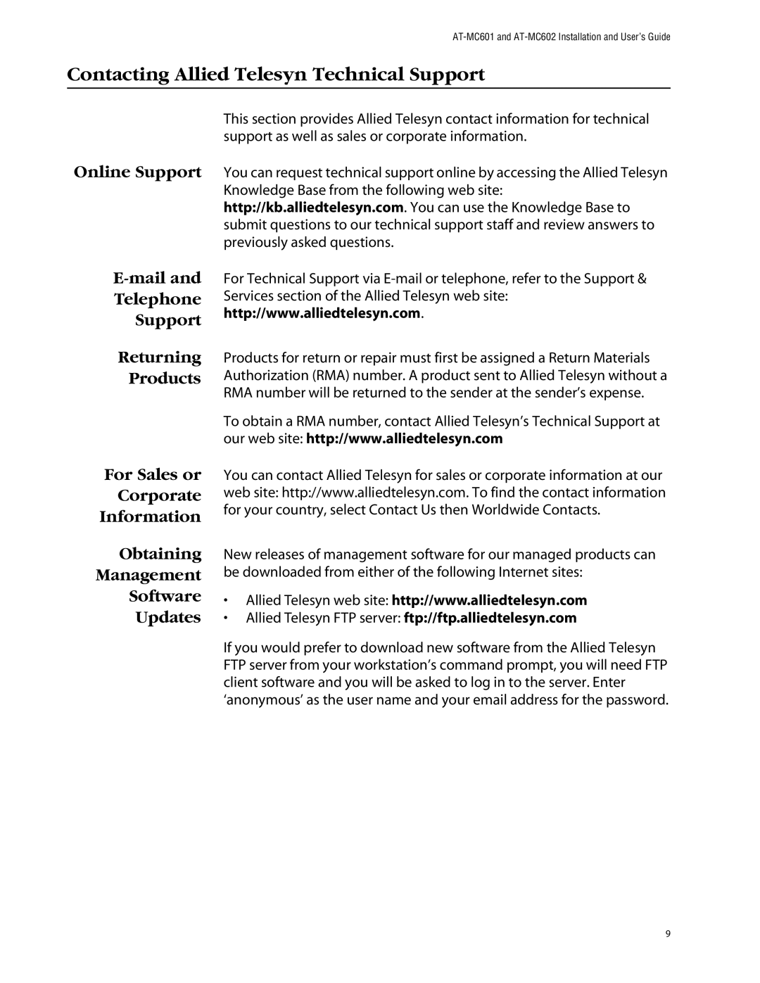 Allied Telesis AT-MC602 manual Contacting Allied Telesyn Technical Support 