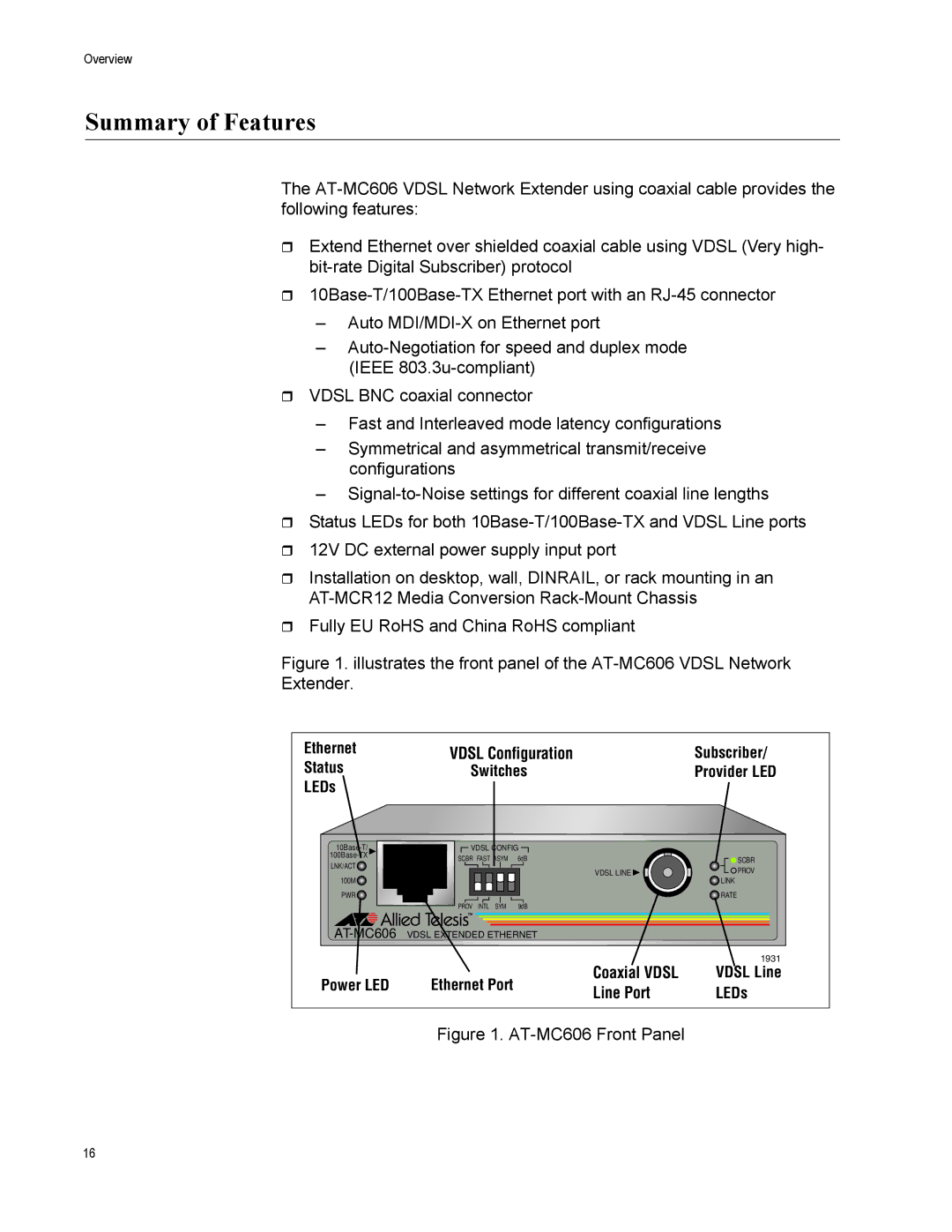 Allied Telesis AT-MC606 manual Summary of Features, Vdsl Configuration 