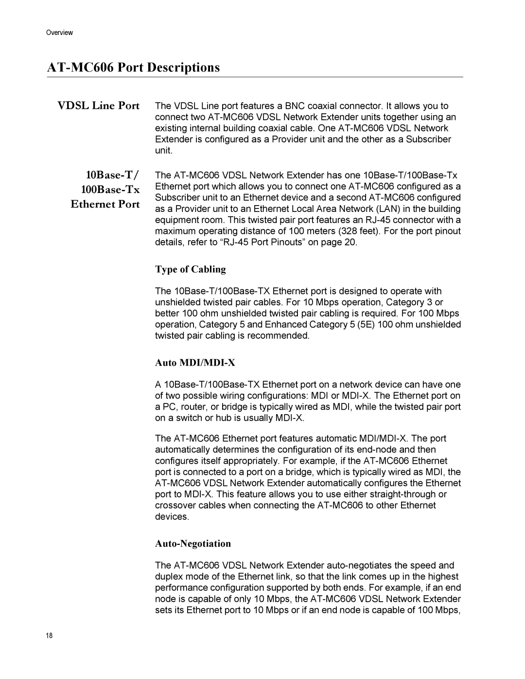 Allied Telesis manual AT-MC606 Port Descriptions, Type of Cabling, Auto MDI/MDI-X, Auto-Negotiation 