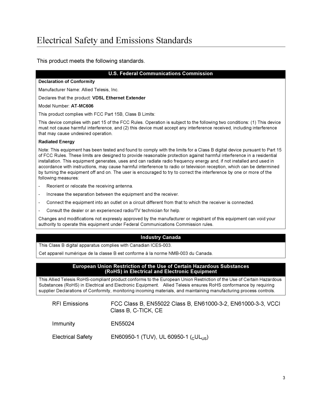 Allied Telesis AT-MC606 manual Electrical Safety and Emissions Standards 