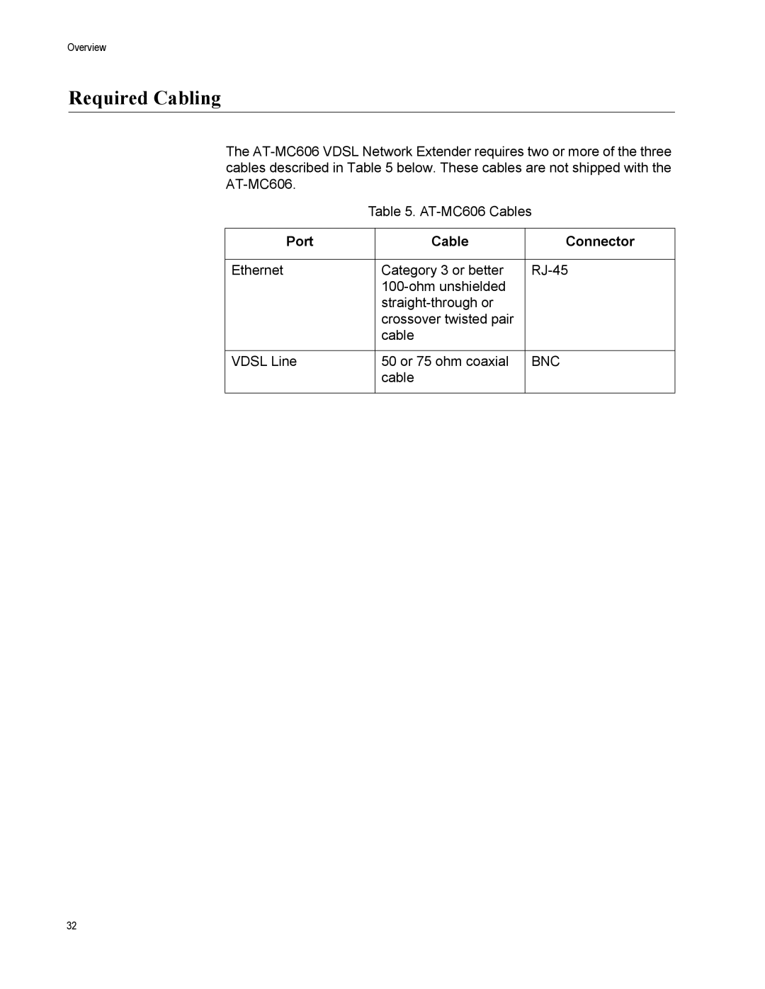 Allied Telesis AT-MC606 manual Required Cabling, Port Cable Connector 