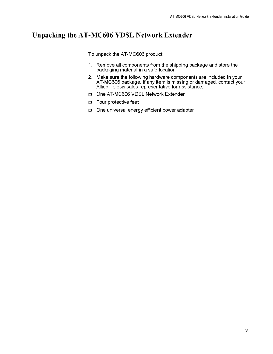 Allied Telesis manual Unpacking the AT-MC606 Vdsl Network Extender 