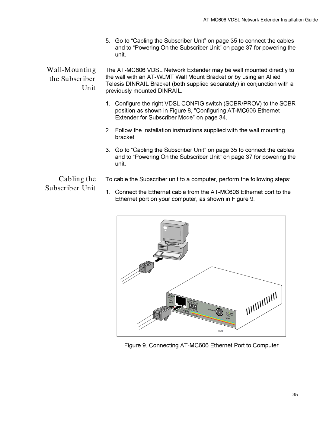 Allied Telesis AT-MC606 manual Wall-Mounting Subscriber Unit Cabling the Subscriber Unit 