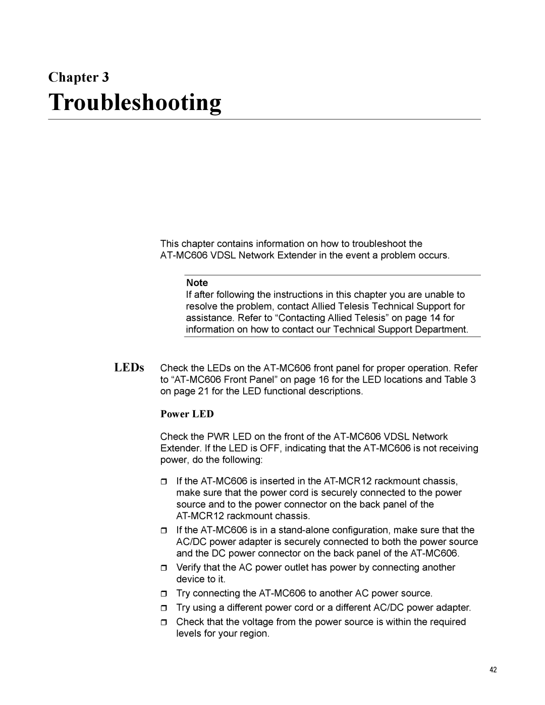 Allied Telesis AT-MC606 manual Troubleshooting, Power LED 