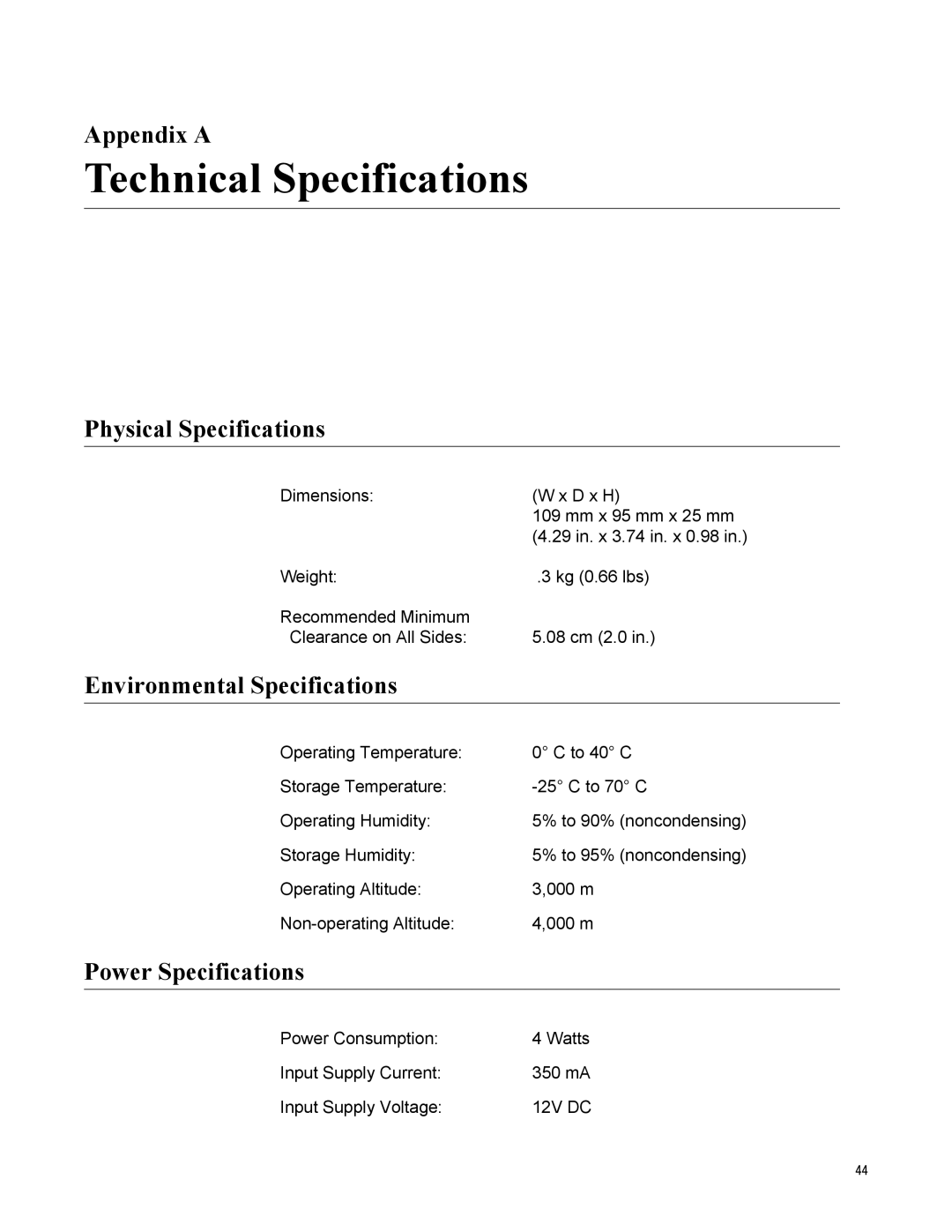 Allied Telesis AT-MC606 manual Technical Specifications, Appendix a, Physical Specifications, Environmental Specifications 