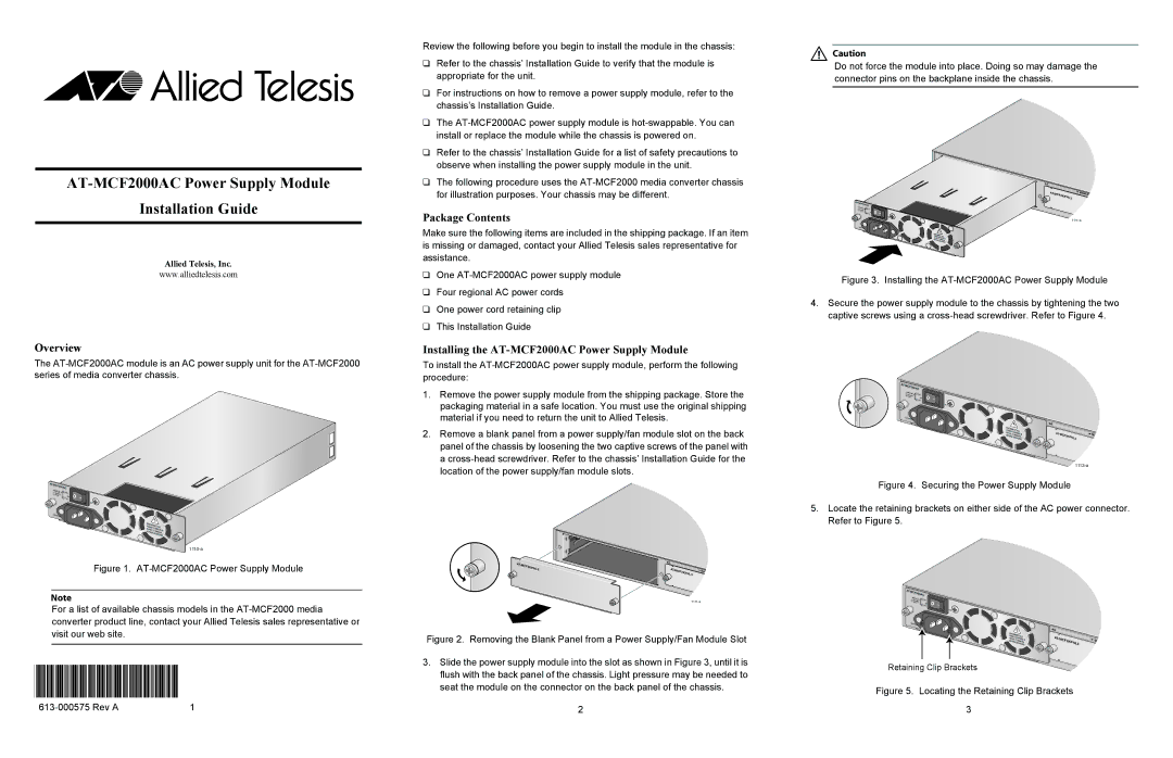 Allied Telesis manual Overview, Package Contents, Installing the AT-MCF2000AC Power Supply Module 