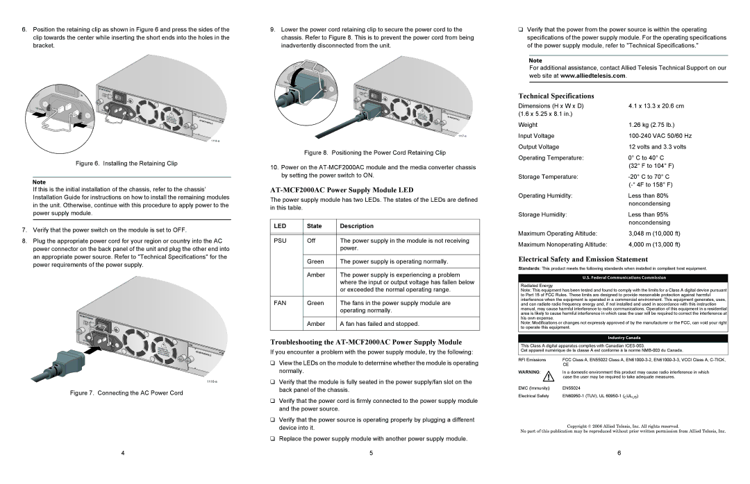 Allied Telesis manual AT-MCF2000AC Power Supply Module LED, Troubleshooting the AT-MCF2000AC Power Supply Module 