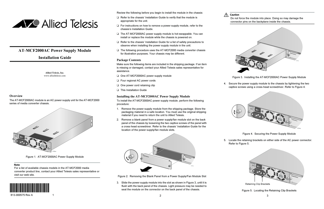 Allied Telesis manual Overview, Package Contents, Installing the AT-MCF2000AC Power Supply Module, RevA 