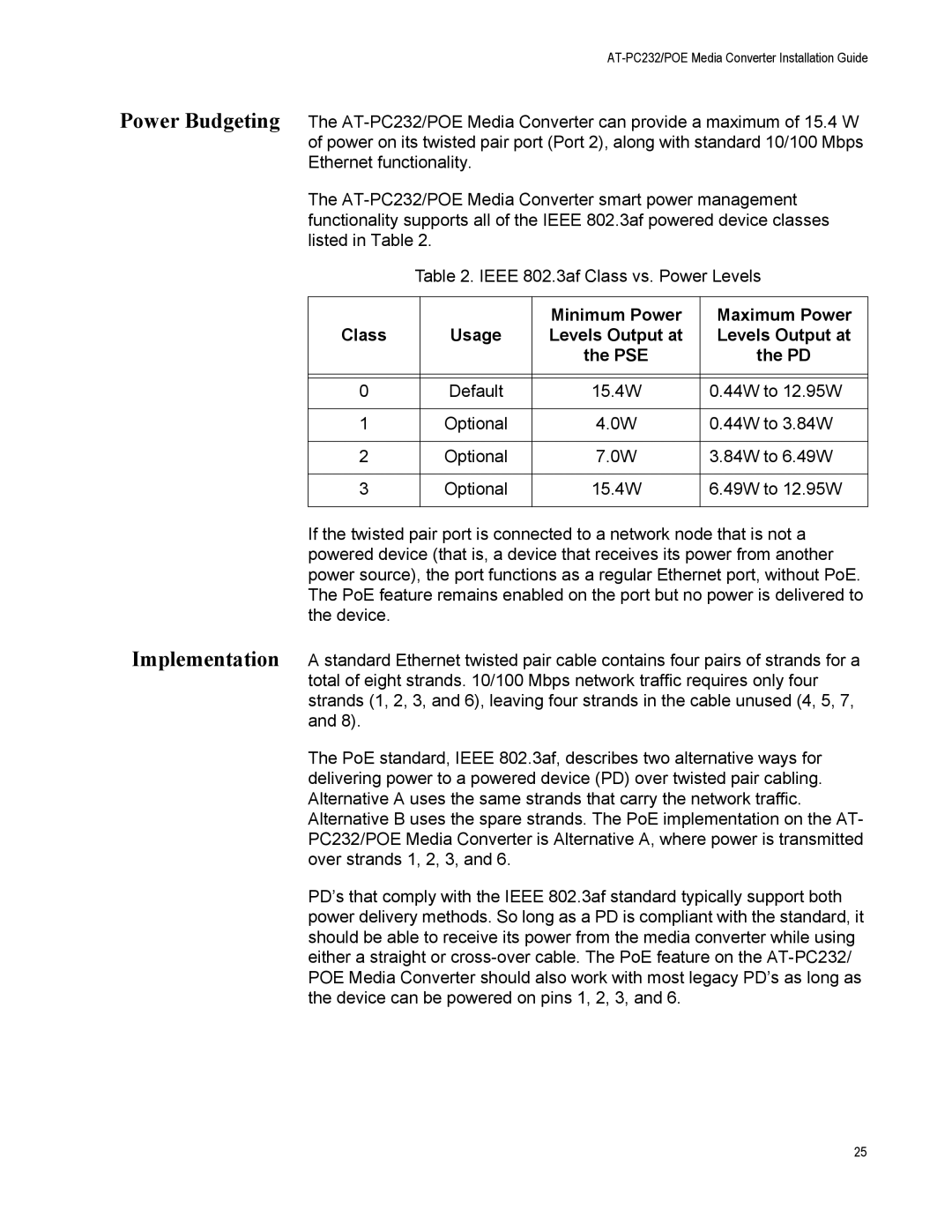 Allied Telesis AT-PC232/POE manual Power Budgeting Implementation, Minimum Power Maximum Power Class 