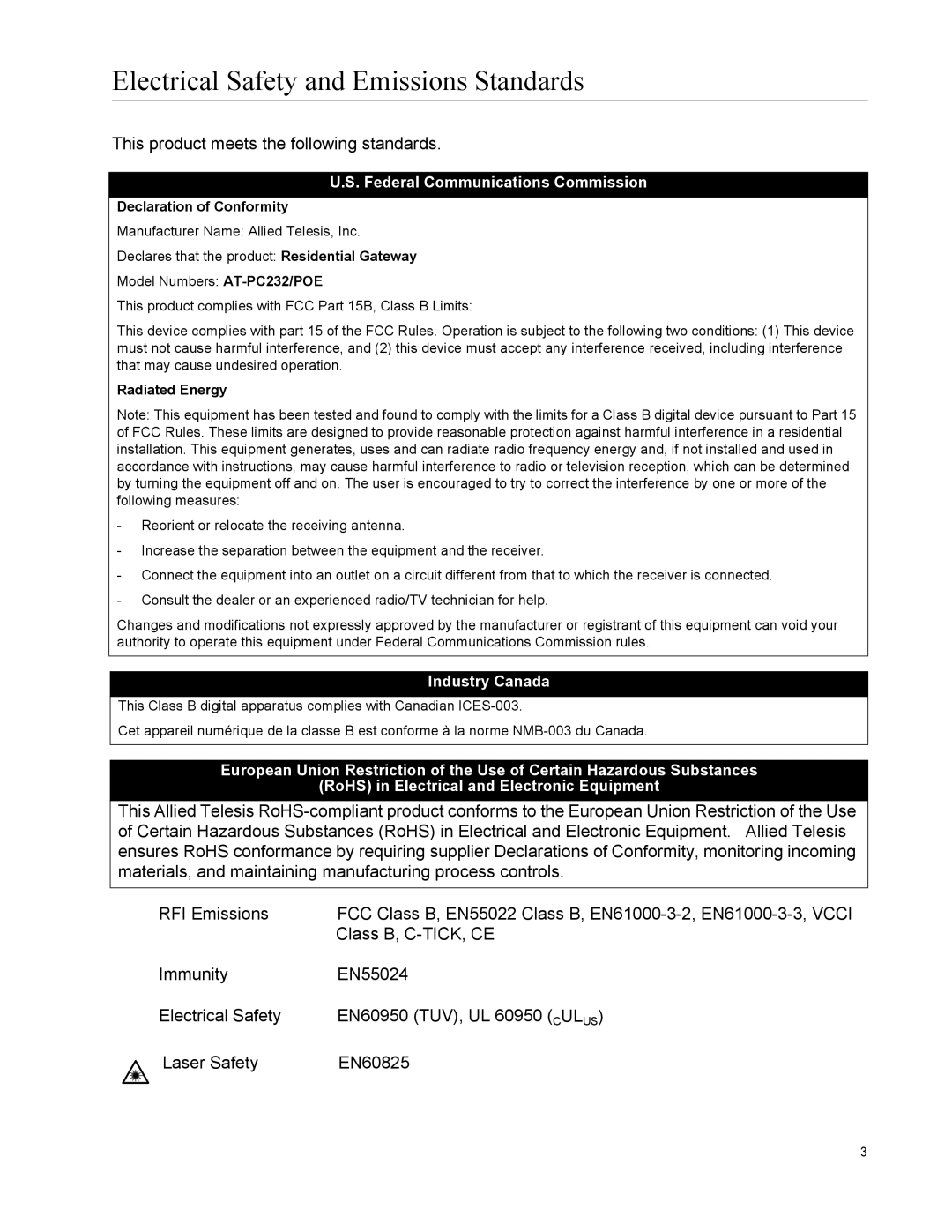 Allied Telesis AT-PC232/POE manual Electrical Safety and Emissions Standards 