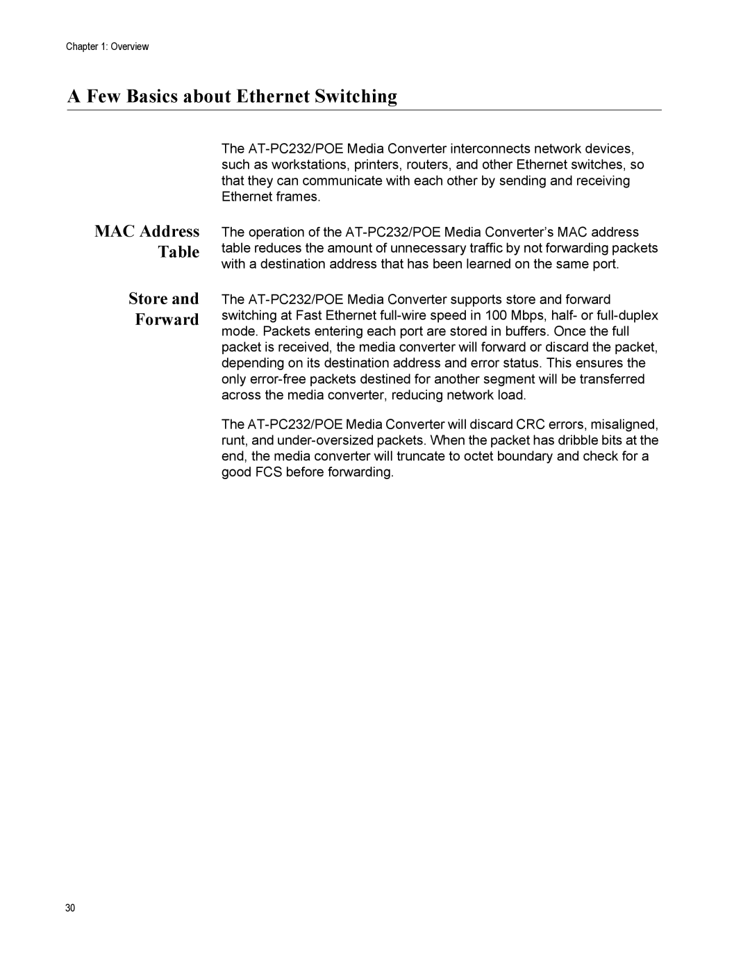 Allied Telesis AT-PC232/POE manual Few Basics about Ethernet Switching, MAC Address Table Store Forward 