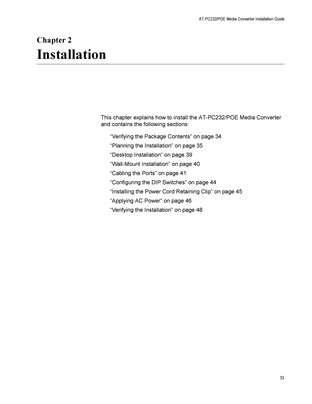 Allied Telesis AT-PC232/POE manual Installation, Chapter 