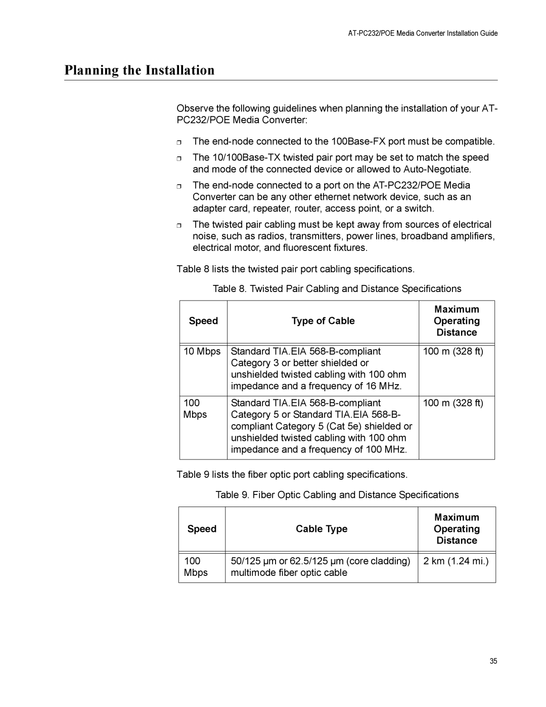 Allied Telesis AT-PC232/POE manual Planning the Installation, Maximum, Speed Type of Cable, Speed Cable Type 