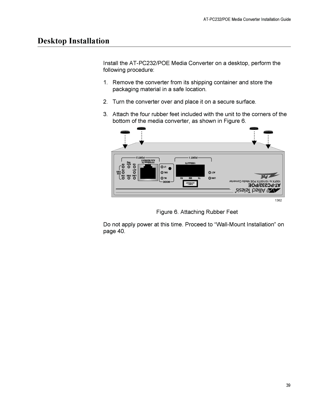 Allied Telesis AT-PC232/POE manual Desktop Installation 