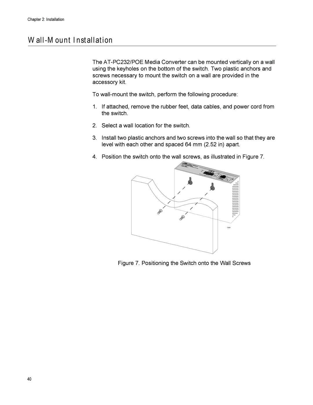 Allied Telesis AT-PC232/POE manual Wall-Mount Installation, Positioning the Switch onto the Wall Screws 