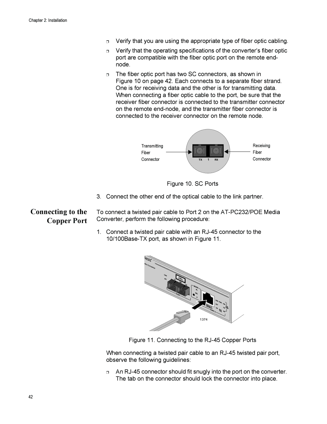 Allied Telesis AT-PC232/POE manual Connecting to the Copper Port 