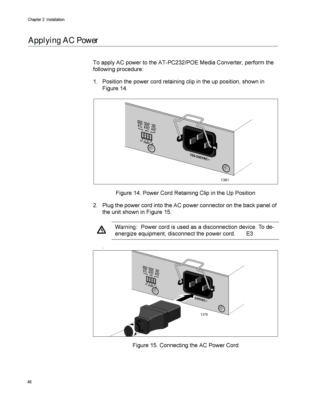 Allied Telesis AT-PC232/POE manual Applying AC Power, Connecting the AC Power Cord 