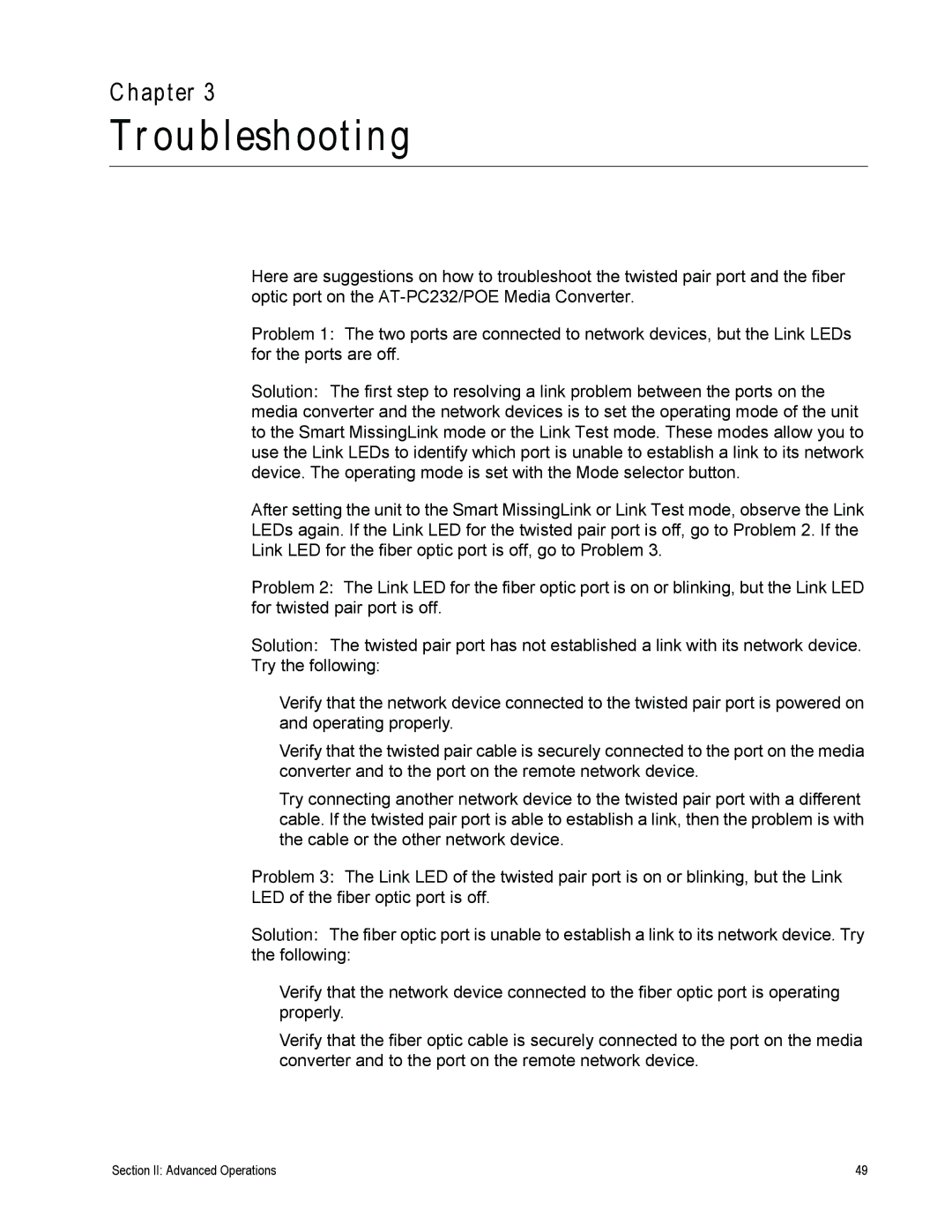 Allied Telesis AT-PC232/POE manual Troubleshooting, Chapter 