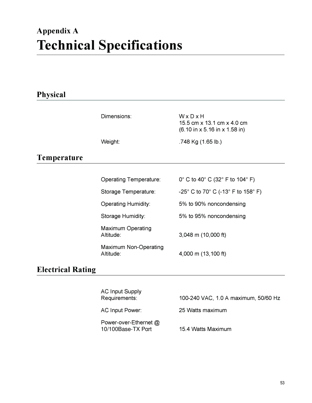 Allied Telesis AT-PC232/POE manual Technical Specifications, Appendix a, Physical, Temperature, Electrical Rating 