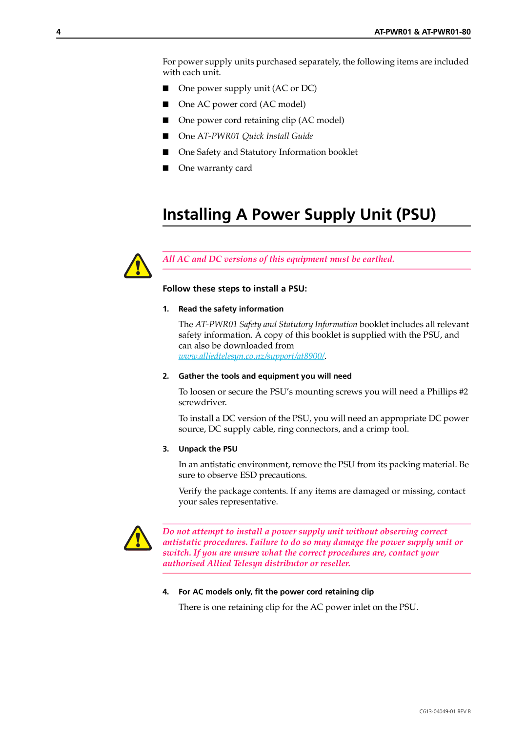 Allied Telesis AT-PWR01 manual Installing a Power Supply Unit PSU, Follow these steps to install a PSU 