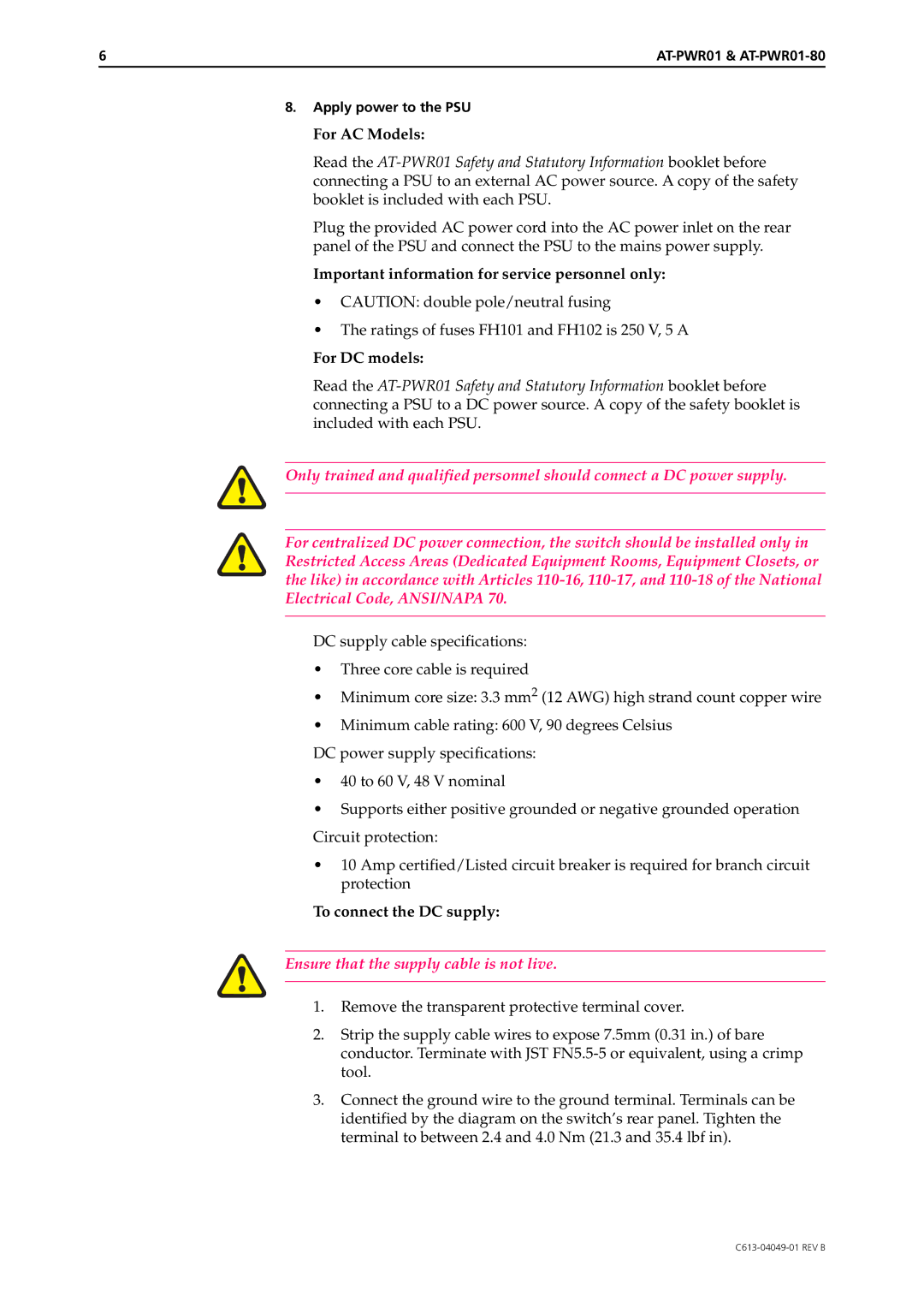 Allied Telesis AT-PWR01 manual Ensure that the supply cable is not live 